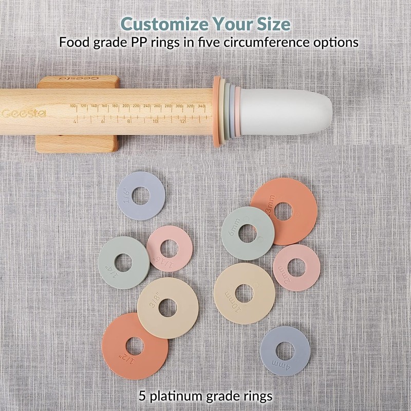 Adjustable Wood Rolling Pin with 5 Thickness Rings, Precise Dough Roller Hand... gallery