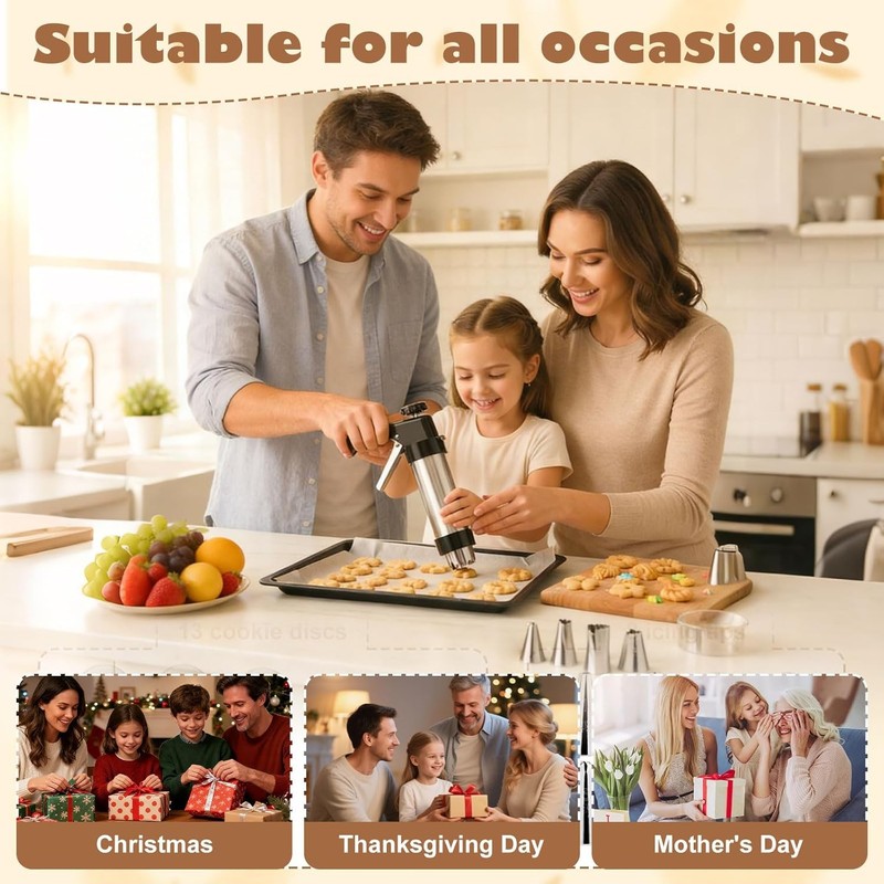 Stainless Steel Cookie Press Gun Kit 13 Discs 8 Icing Tips Baking Decorating gallery