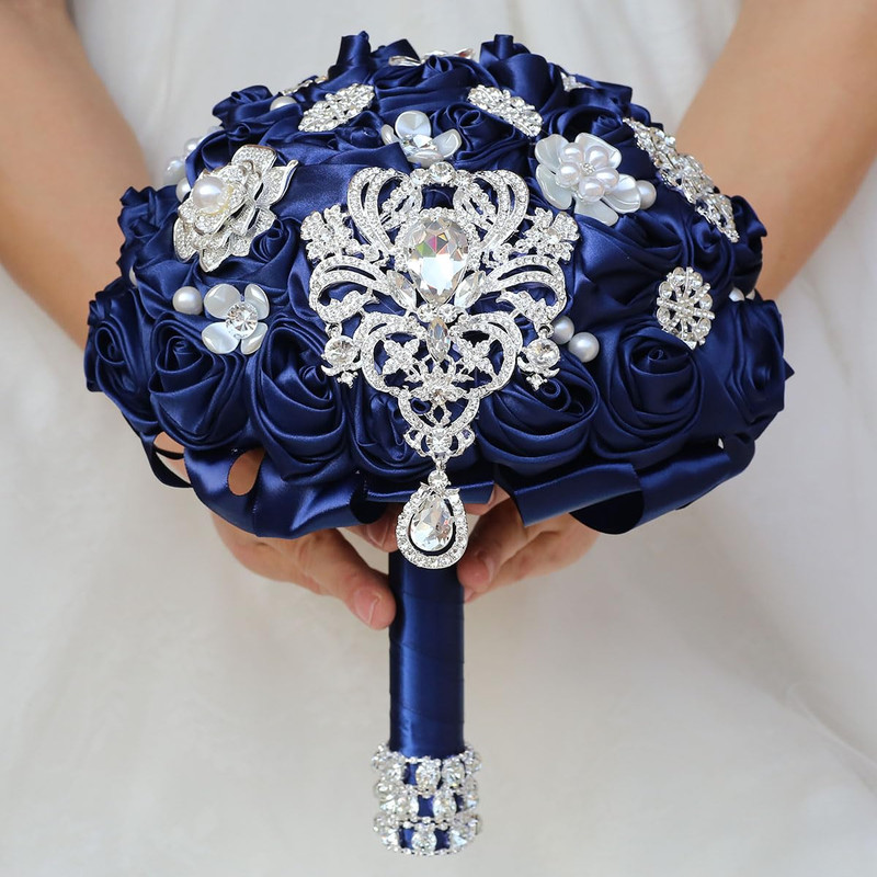 Mhojpik Bridal Wedding Bouquet Round Bling Brooch Bouquet Artificial Rose