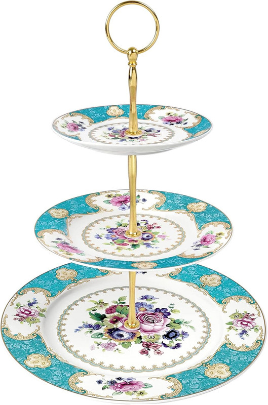 10 Inch Floral Porcelain Cake Stand, Vintage Dessert Plate with Gold Trim, Blue