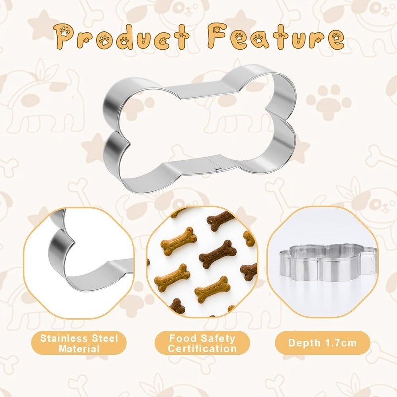 6 Piece Stainless Steel Dog Bone and Paw Print Cookie Cutter Set - 3 Sizes for gallery