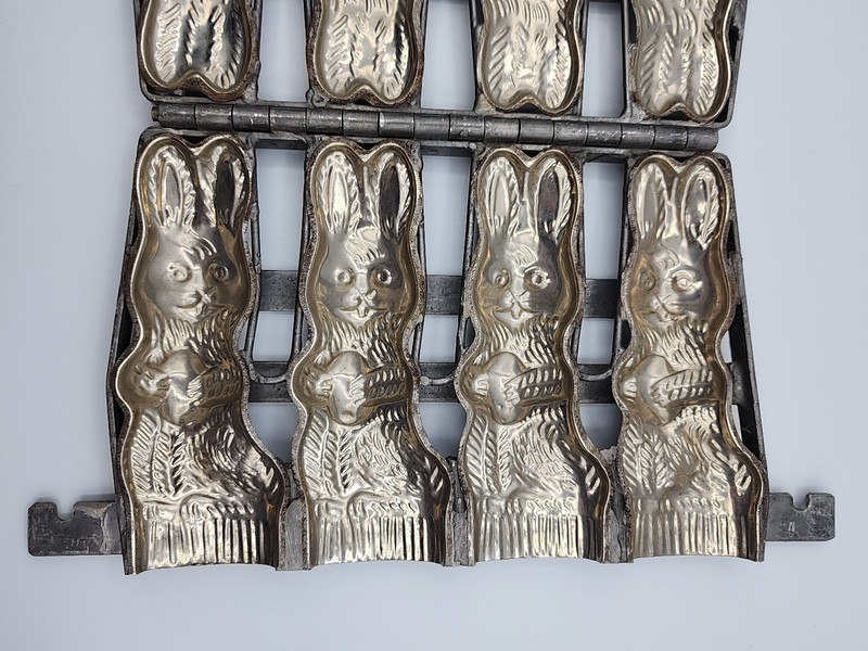 Antique Hinged Quadruple Rabbit Chocolate Mold Easter Bunny Holding Egg