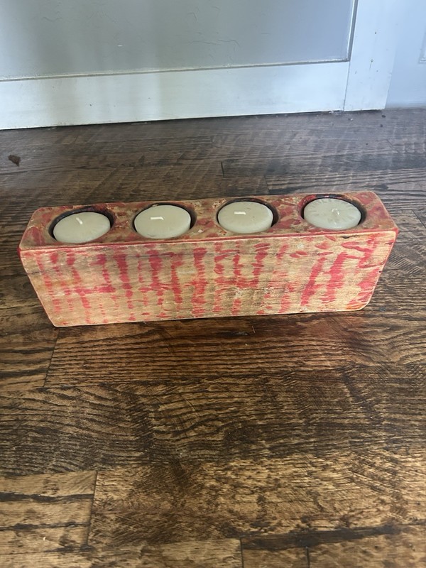 Four (4) Hole Wooden Sugar Mold Wood Candle Holder Primitive Looking Red Scraped
