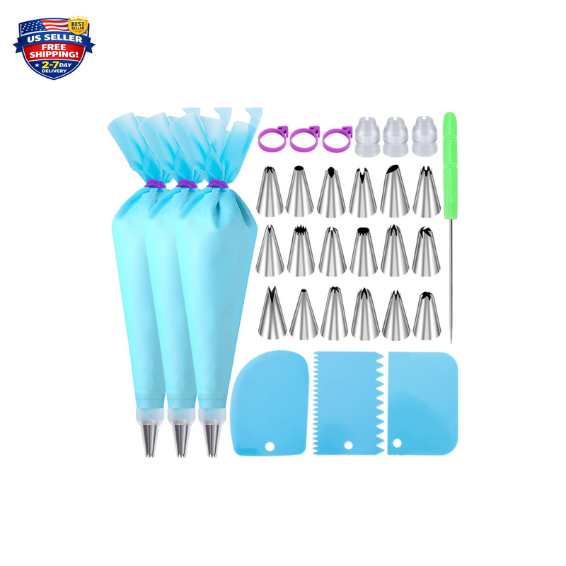 Decorating Piping Bags Set, Reusable Silicone, 18 Tips, Couplers, Ties, Cake