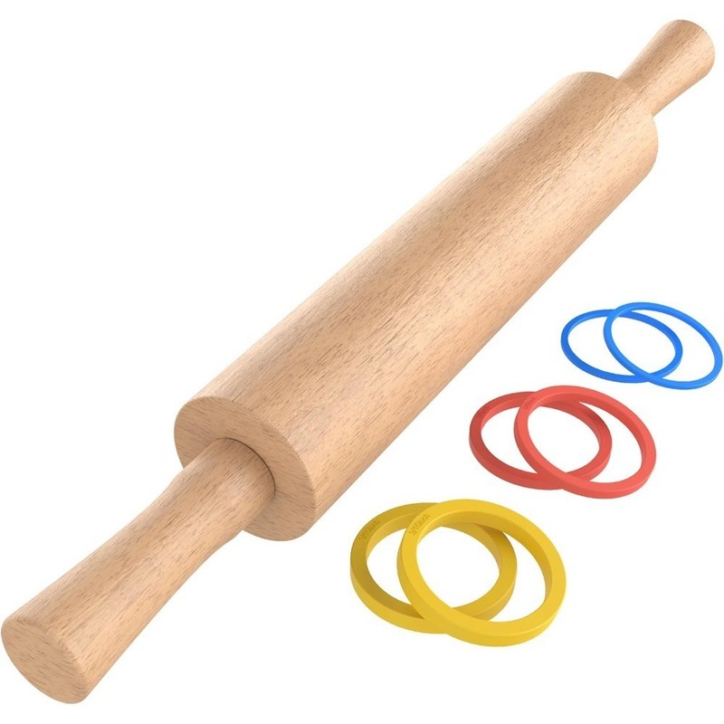 Wooden Rolling Pin for Baking with 3 Thickness Rings, Ideal for Fondant Pizza