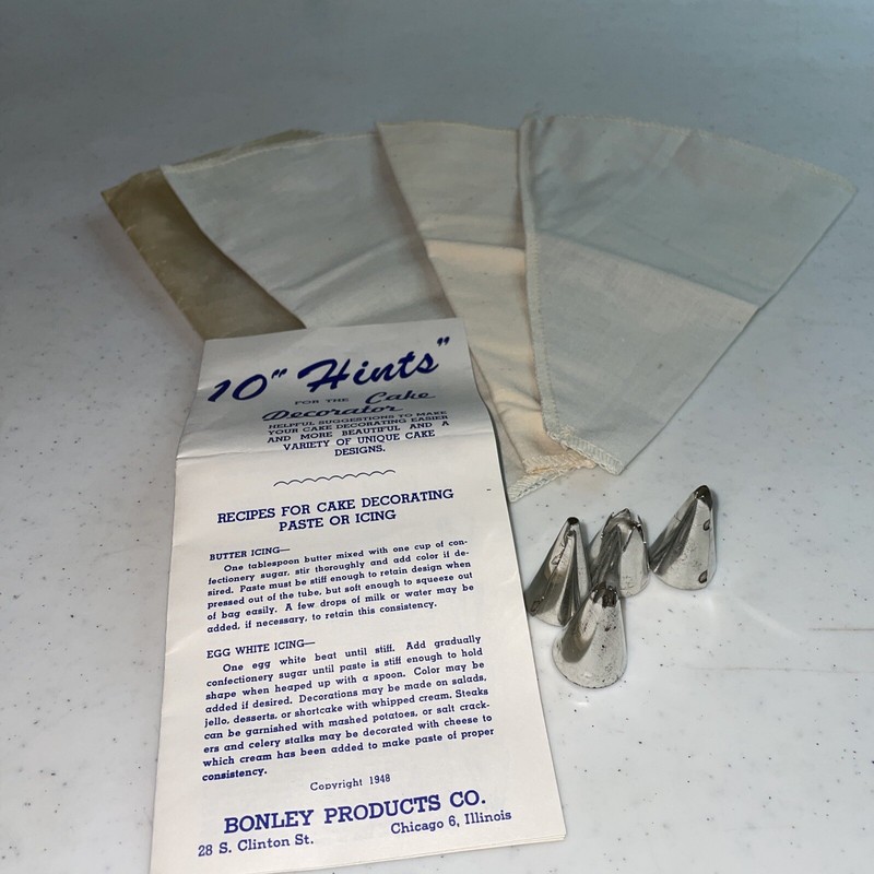 Vintage Set Of 3 Bonley Product Co Icing Bags And 4 Icing Tips With Instructions gallery