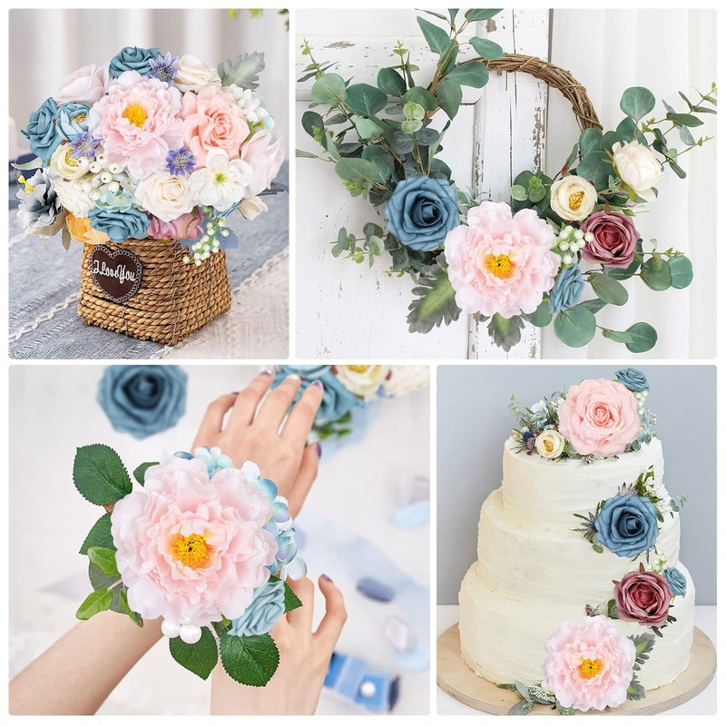Amyhomie Blue Pink Artificial Flowers Combo Silk Mix Peony Rose Hydrangea Daisy gallery