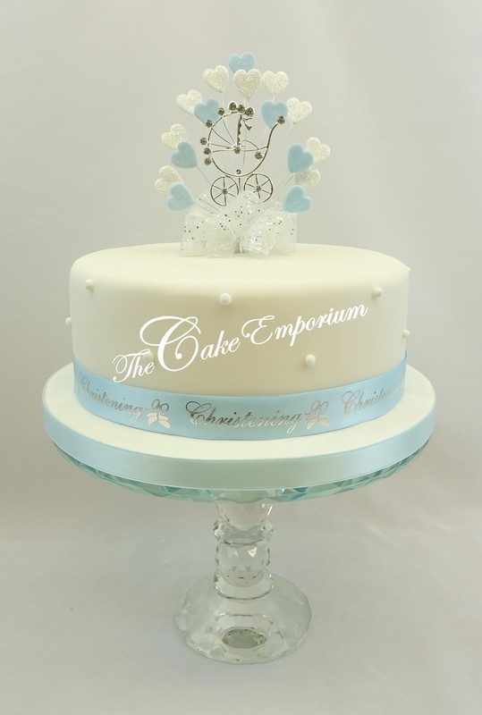 Christening Boy or Girl Heart or Star Burst Diamante Pram Cake Topper