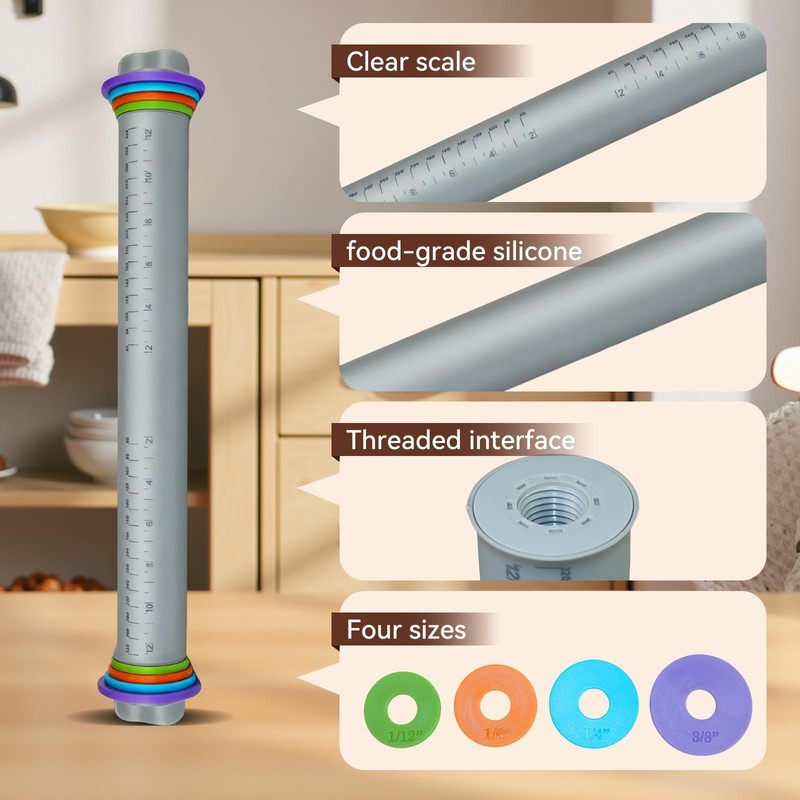 12.8 Inch Gray Adjustable Silicone Rolling Pin 4 Thickness Rings Dough Roller gallery