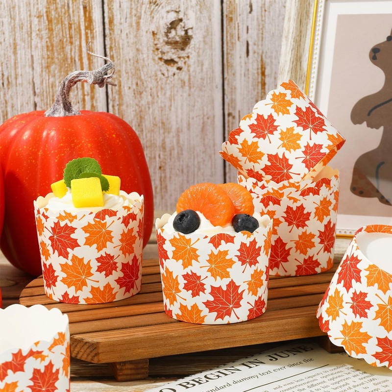 100 PCS Maple Leaf Paper Baking Cups Orange Red Fall Leaves Cupcake Wrappers gallery
