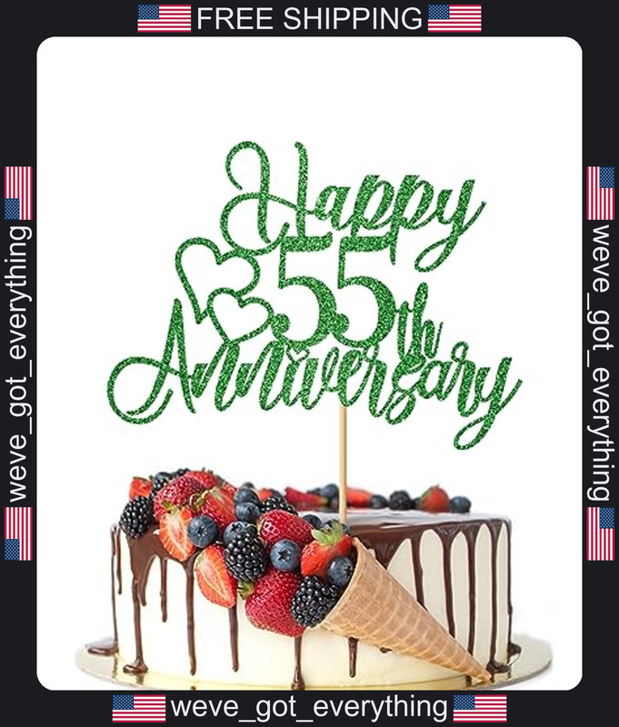 55th Anniversary Cake Topper Green Glitter Cardboard Decor