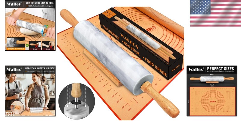 Stylish Marble Rolling Pin Set with Easy-Clean Silicone Pastry Mat - 16.5 In gallery