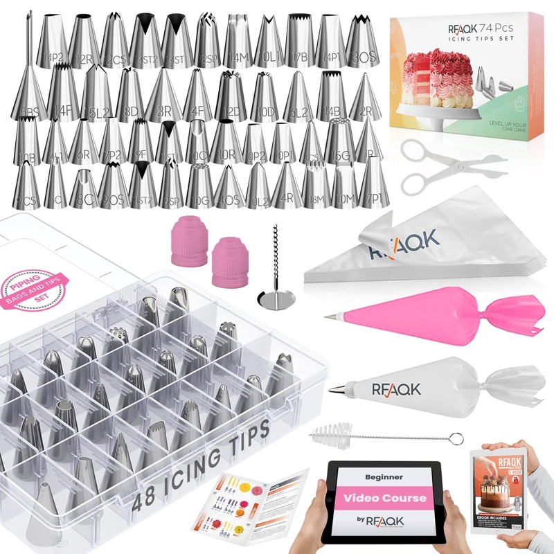 74 PCs Icing Piping Bags and Tips Set, Cake Decorating Kit with 48-Numbered P…
