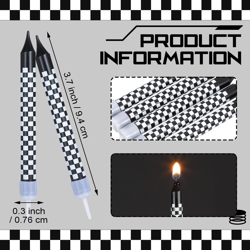12 Pcs Race Car Birthday Toppers, Checkered Flag Candles, White gallery