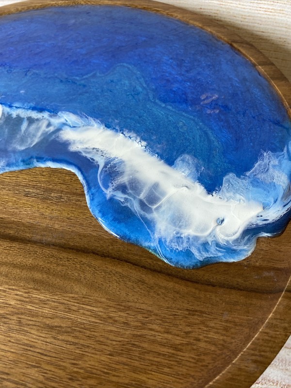 Threshold Arjun Wood Cake Stand Ocean Theme Resin Beach Waves 12" W 4.5" Tall gallery
