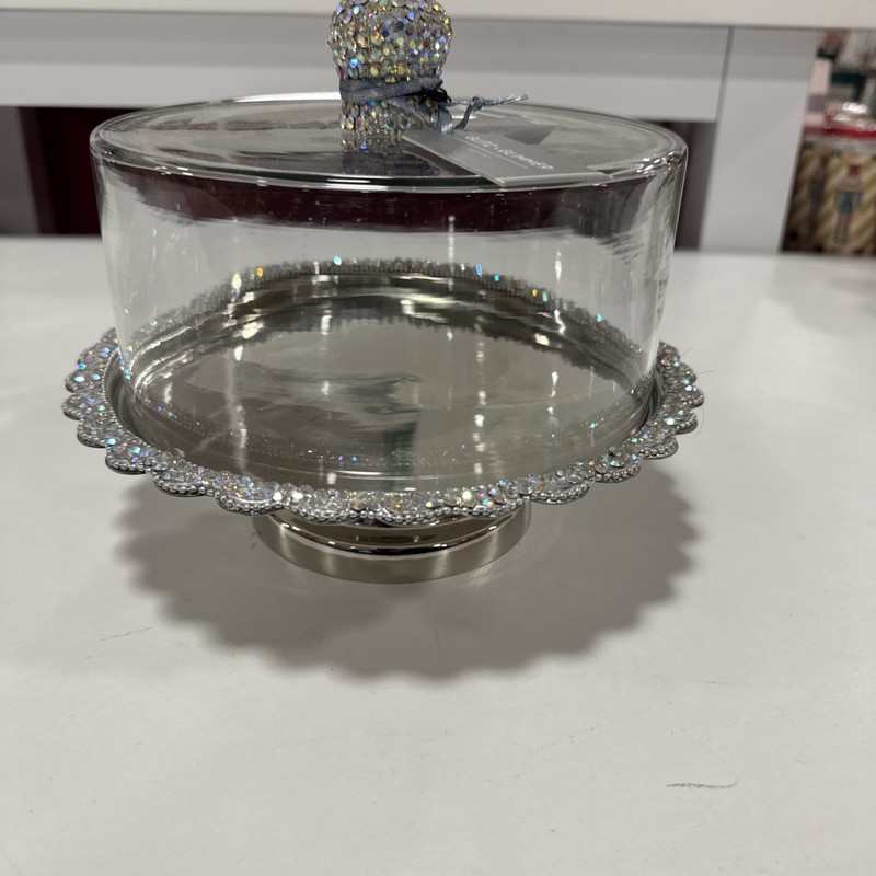 Silver Crystal Rhinestone Bling Glass Pastry Cheese Dome 9" Cloche Round gallery