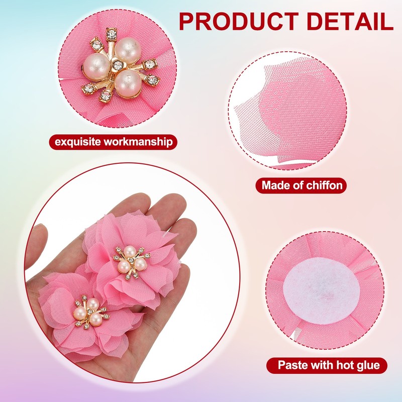2.36 Inch Rhinestone Chiffon Flower, 15 Pcs Fabric Appliques, Rose Pink gallery
