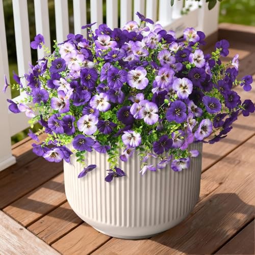 Fake Artificial Pansy Flowers for Outdoor, Faux Silk Pansies Double Purple gallery