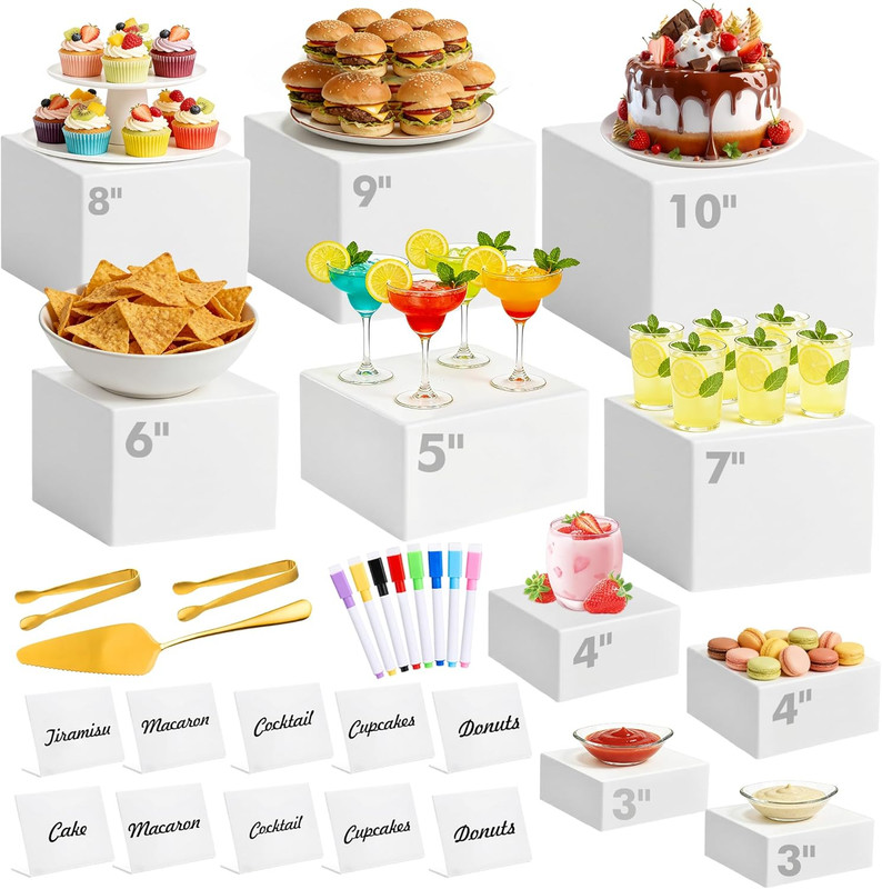 10 Pcs Buffet Risers with Mini Sign and Maker Serving Tongs Cake Cutter, White A