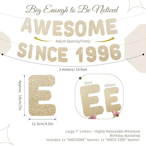 Large Awesome Since 1996 Glitter Banner, Pre-strung Happy 30th Champagne Gold gallery