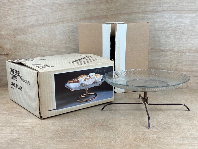 Arcoroc Canterbury CROCUS Cake Plate w Copper Plated Steel Stand Old Craft MCM gallery