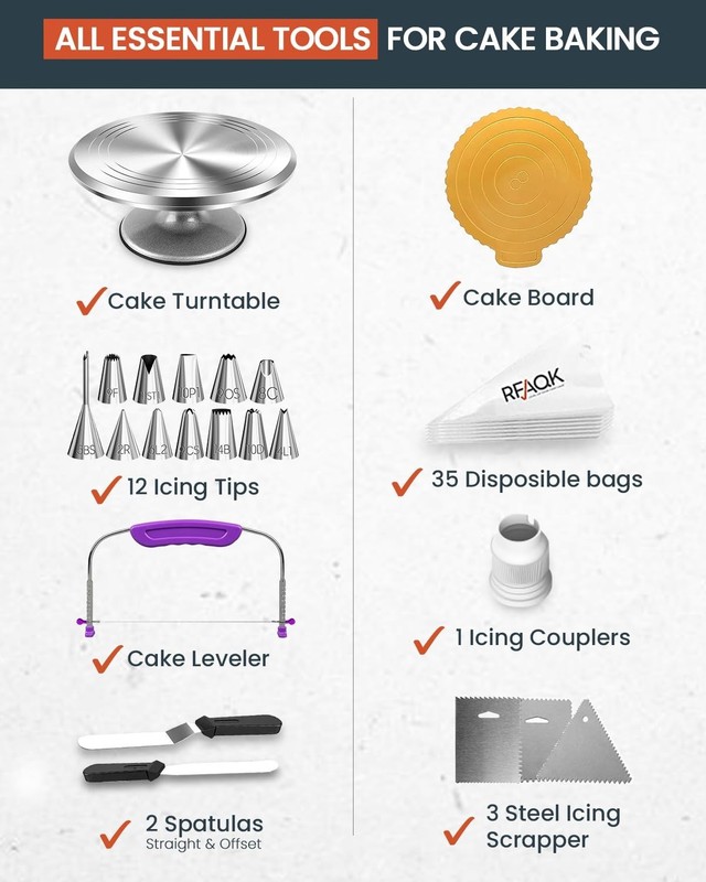 50PC Cake Decorating Supplies Kit - 12" Rotating Turntable, Leveler, Spatulas & gallery