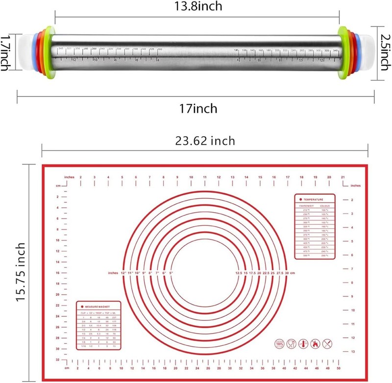 Stainless Steel Rolling Pin and Silicone Mat Set, Adjustable Thickness Rings gallery