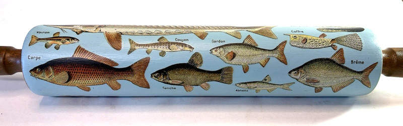 Decorative Painted Wooden Rolling Pin Vintage Fish Blue w/Dark Wood Handles gallery