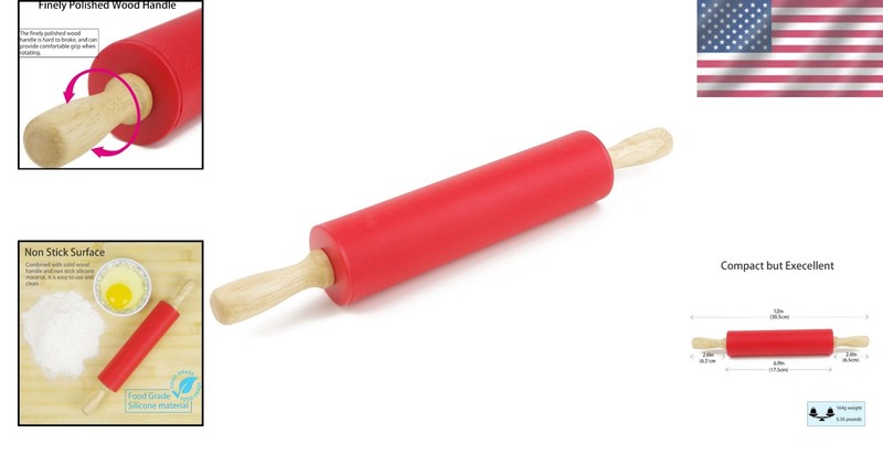 Colorful Silicone Rolling Pin - 12" Kitchen Roller with Ergonomic Wooden Handle gallery