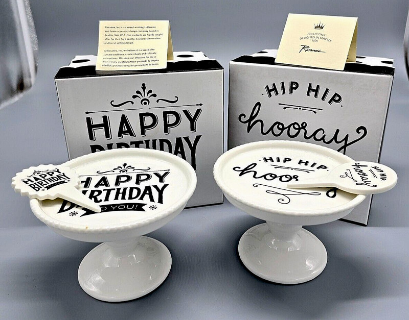 Pair “Hip Hip Hooray” & “Happy Birthday” Ceramic Cupcake Pedestals, by Rosanna