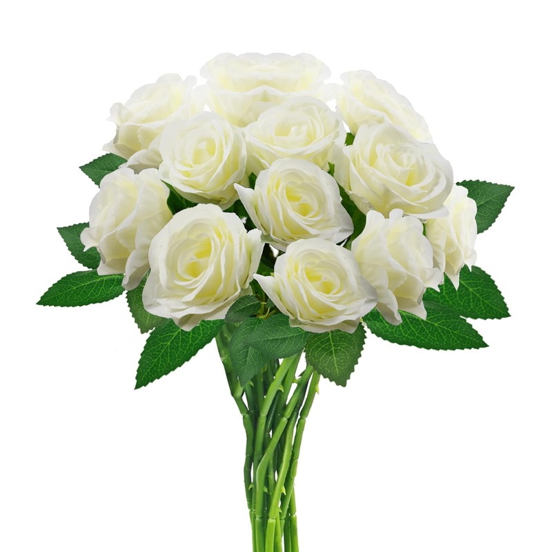 hailanbao 12PCS White Artificial Roses with Long Stems, 19 inches,