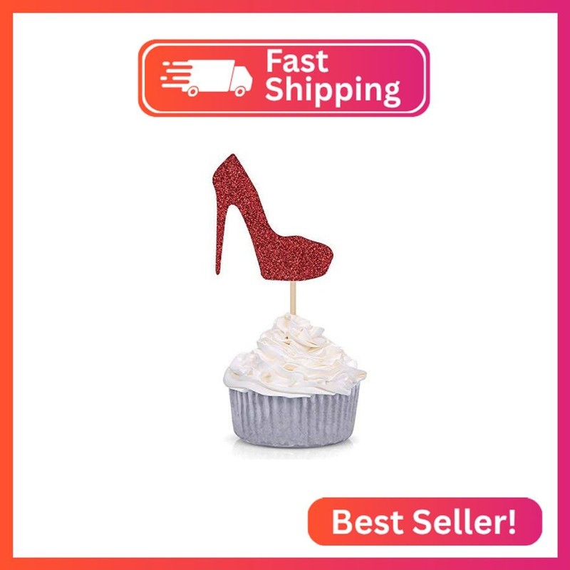 Pack of 24 Red Glitter High Heel Cupcake Toppers for Wedding Engagement Bridal S
