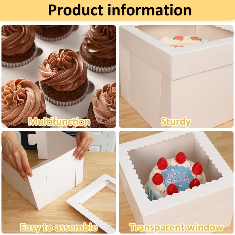 Cake Boxes 12 PCS 10x10x8 Inch Tall Carrier Window Square Bakery Box White gallery