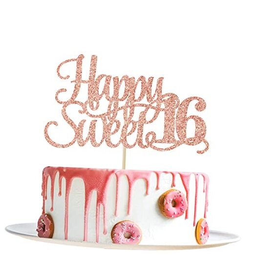 Rose Gold Glitter Happy Sweet 16 Cake Topper – Happy 16th Birthday Cake Decor