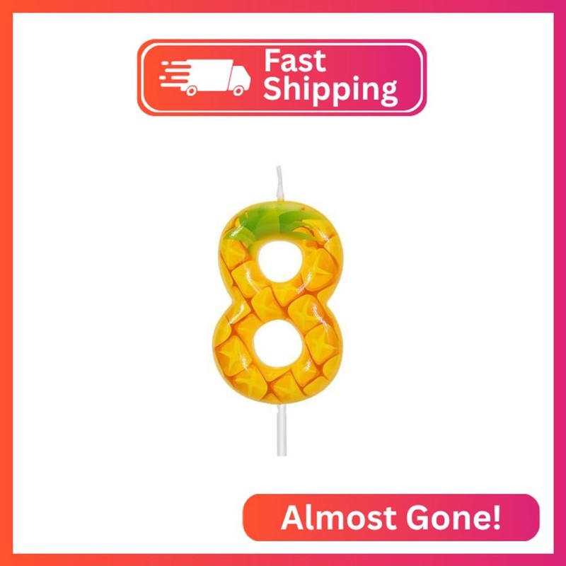 Pineapple Birthday Number Candle Eight, Yellow Fruit Themed Wax Number Candle fo