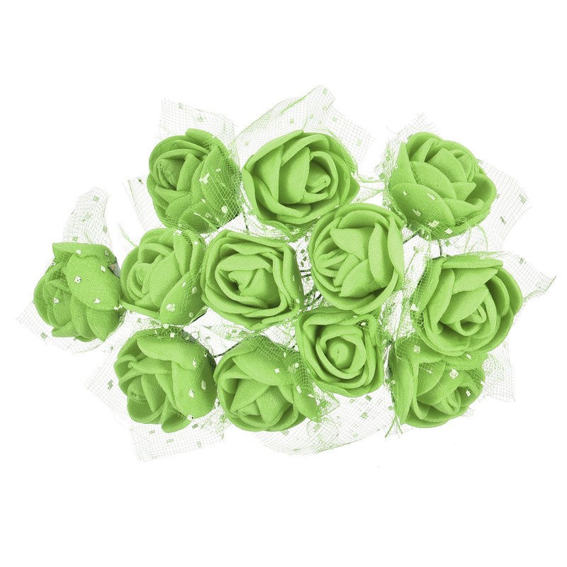 144Pcs Mini Roses Artificial Flowers for Heads with Stem and Gauze, Green