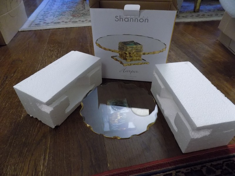 Godinger Cake Stand Footed Plate Shannon Crystal w Gold blocks 9″ Harper New box