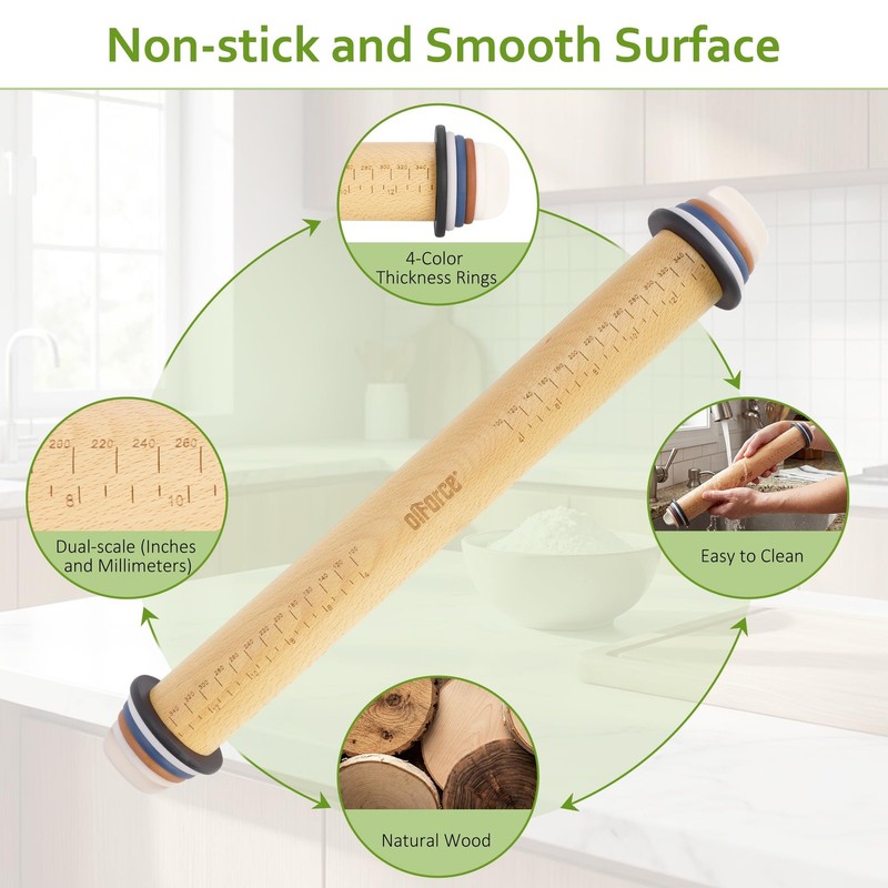 Rolling Pin with Adjustable Thickness Rings, Wooden Rolling Pin for Baking, 1... gallery