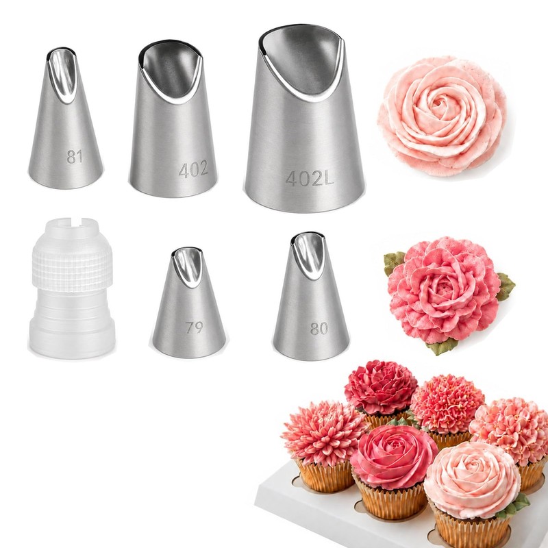 6 Pcs Cake Decorating Tips, Rose Flower Piping Tips Set with Coupler, 304 Sta…