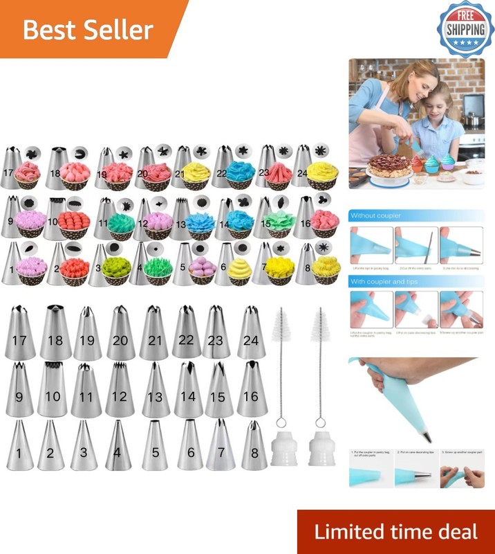 Complete 28-Pc Piping Tips Set with Easy-Clean Brushes – Perfect for Bakers