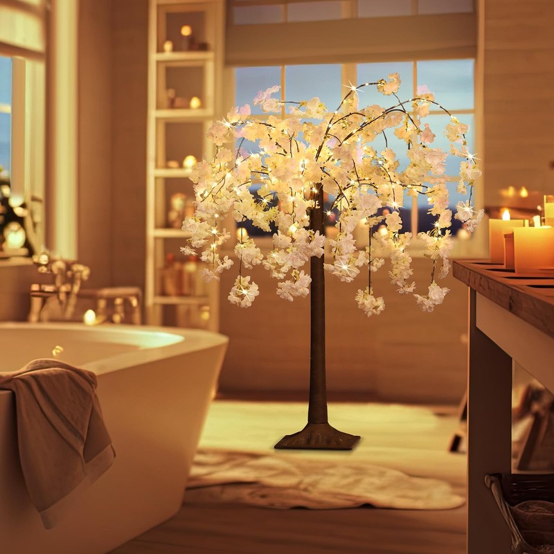 OUSHENG Lighted Cherry Blossom Tree LED Artificial Trees for 4FT, Warm White gallery