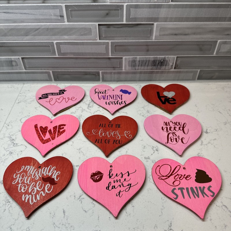 Cute Wood Valentine Hearts w/Cork Backing. Different Quotes. Lot of 9. 3.75”
