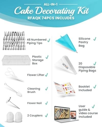 74-Piece Cake Decorating Kit with 48 Piping Tips, Anti-Burst Icing Bags & E-book gallery