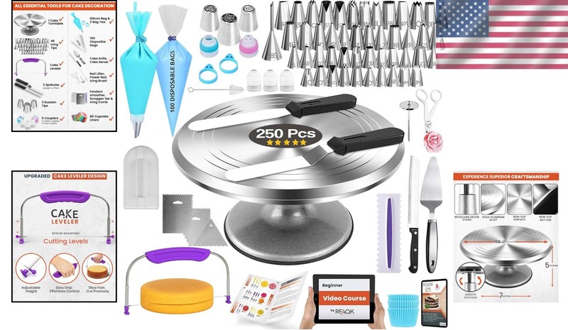 Professional Cake Decorating Kit - 250 PCS, including Turntable & Spatulas gallery