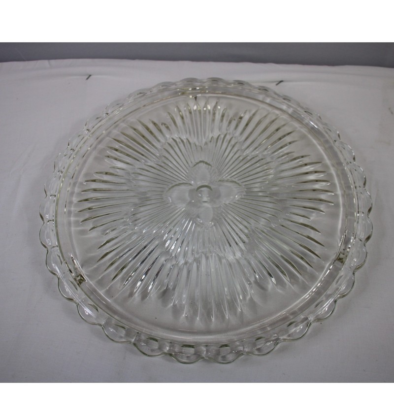 Indiana Glass Footed Cake Plate Floral Flower Sunburst 11″ 70s Serving Dish