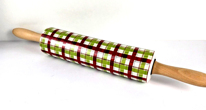 Stoneware Green Red White Plaid Rolling Pin - 17 1/2"