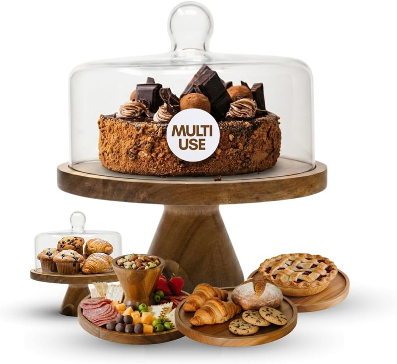 Acacia Wood Cake Stand with Glass Dome – Versatile Serving Board & Gift