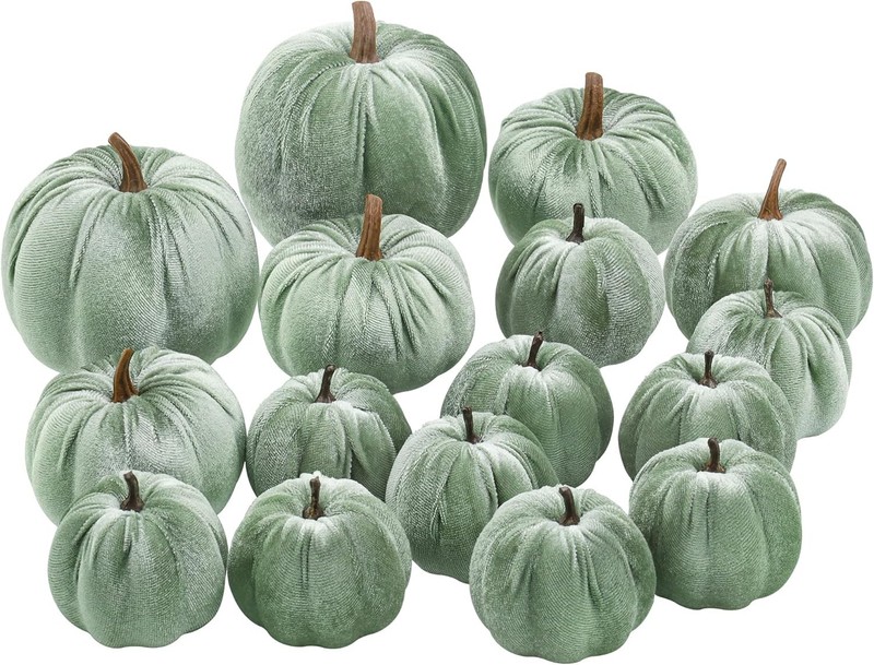 Worat 16pcs Fabric Artificial Pumpkins Set Lake Green Veet Decorat