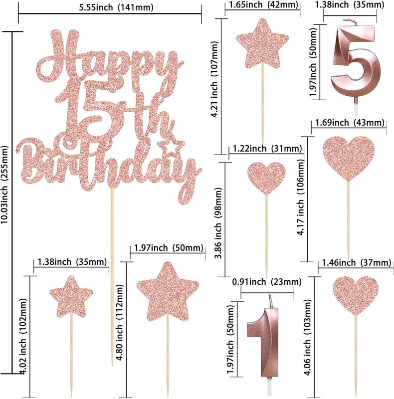 15Pcs Happy 15th Birthday Cake Topper Set with Heart Star Glitter Cheers to 15 gallery