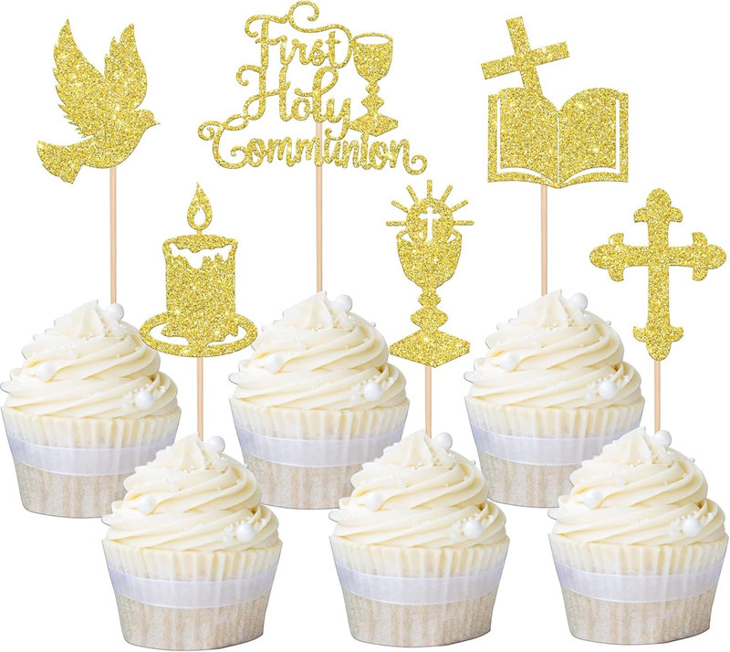 36 PCS First Holy Communion Cupcake Toppers Glitter Dove Cross God Bless Cupcake